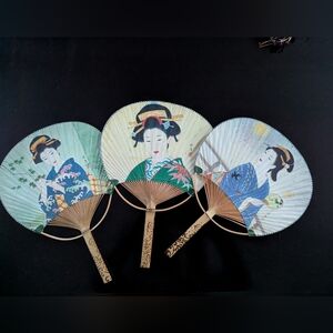 set of 3 Japanese Uchiwa Flat Fan Hand Held Bamboo vintage Made in Japan